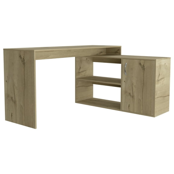 L-shaped Office Furniture In Oak, Abundant Work Area And 2 Shelves & Cabinet Oak Desk, Workspace, Included