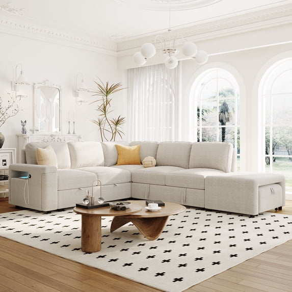 L-shaped Padded Modular Sofa with Storage Space, USB Ports, and Cup Holders on the Armrests, Suitable for Living Rooms, Offices, and Apartments (Beige)