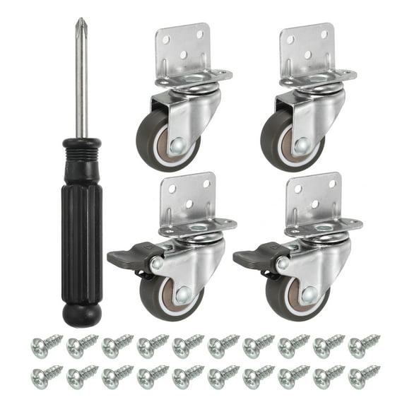 L-shaped Plate Swivel Caster Wheel Combo 1.25", 4 Pack TPE Side Mount Roller with Brake Bearing Screws, Brown