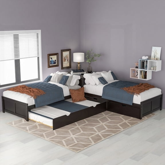 L-shaped Platform Bed Offering Trundle,Drawers & Built-in Desk,Twin Sized,Espresso