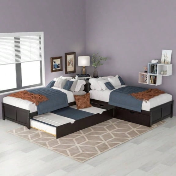 L - shaped Platform Bed with Trundle and Drawers Linked with built - in Desk, Twin, EspressoOld SKU: SM000916AAP
