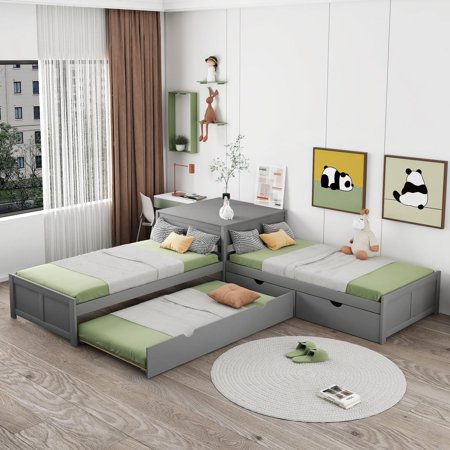 L-shaped Platform Bed with Trundle and Drawers Linked with built-in Desk,Twin