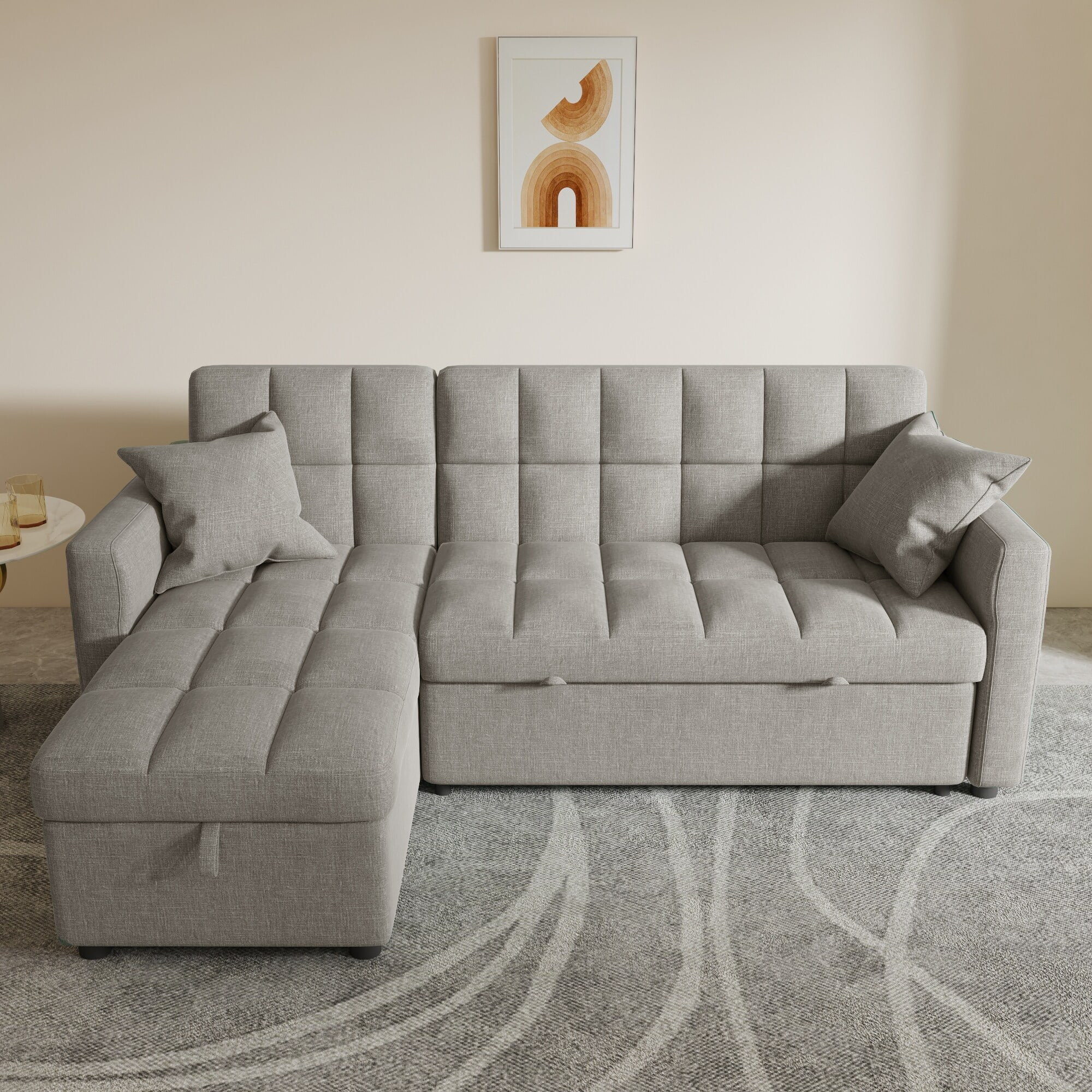 Lshaped Pullout Sleeper Sectional Sofa Bed with Storage Chaise Light