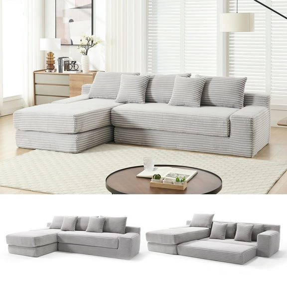 L-shaped Sectional Couch With Textured Memory Foam & Gray Corduroy Fabric Stable Steel Frame For Living Room Decor