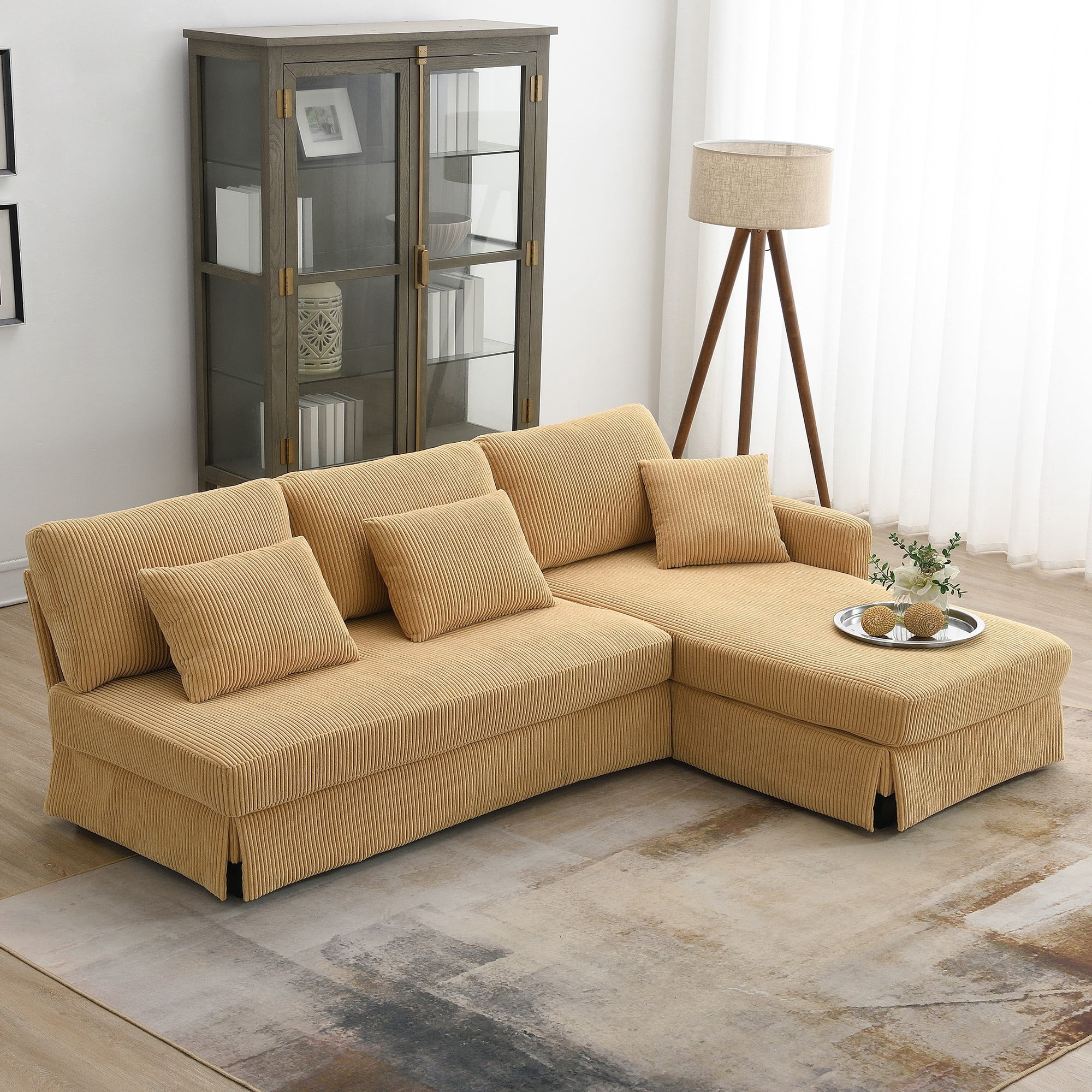 L-shaped Sectional Sofa with Reversible Chaise,4-seat Upholstered Sectional Corduroy Sofa,Convertible Sleeper Couch with Pillows for Living Room,Yellow