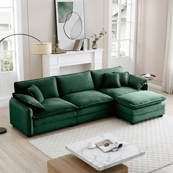 L-shaped Sectional sofa featuring ottoman, Green corduroy, blends style & retro, offers cloud-like comfort