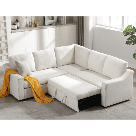 L-shaped Sofa with Pull-out Sofa Bed, Corner Sofa, Sleeper Sofa Bed, Corner Seat for Two with Broaching Sofa,Rivet DeChenille for Living Room