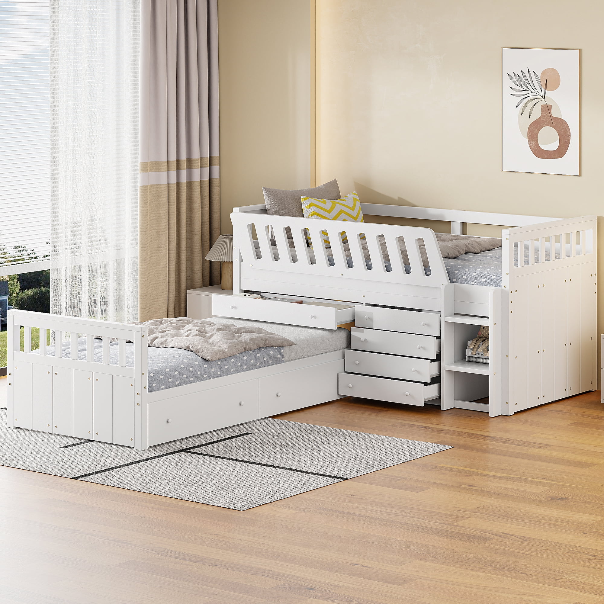 L-shaped Space-Saving Twin Loft and Twin Platform Bed with 7 Drawers ...