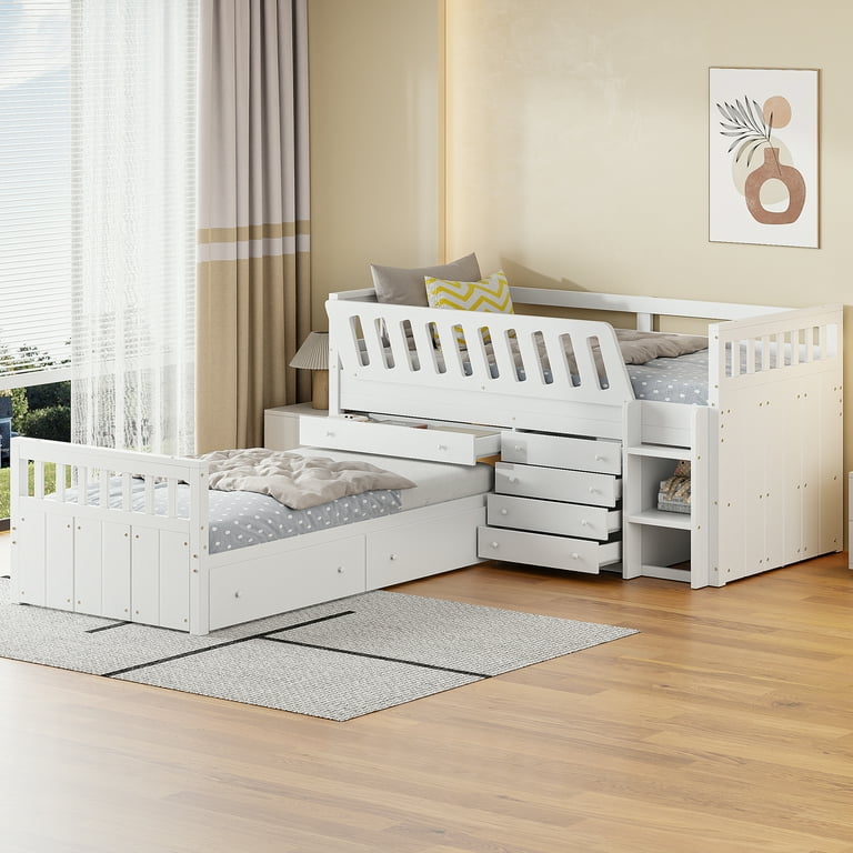 L shaped Space Saving Twin Loft and Twin Platform Bed with 7 Drawers and Full Guardrails WHITE