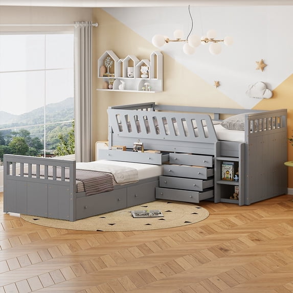 L-shaped Twin Loft and Platform Bed - 7 Drawers & Full Guardrails (GRAY) - Durable Construction for Bedroom