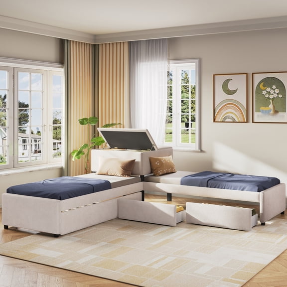 L-shaped Upholstered Platform Bed with Trundle and Two Drawers Linked with built-in Desk,Twin,Beige