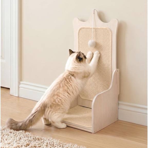 L-shaped Vertical Sisal Cat Scratcher with Wooden Throne-inspired Design