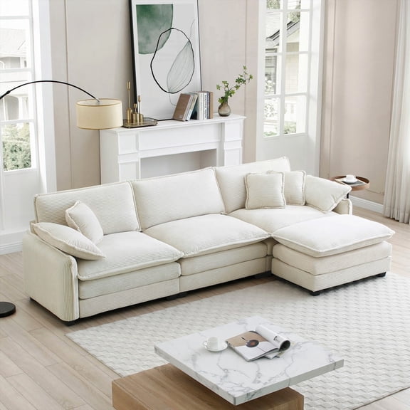 Modern L-shaped Sectional Sofa with One Footrest in White Corduroy for Living Rooms (220×80×75cm)