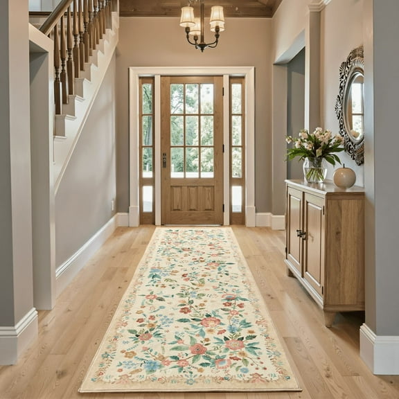 CHITOOMA 2.6'x8' Machine-washable Runner Rug for Kitchen, Stain Resistant Non-Shed Carpet, Boho Floral Runner Rug with Non-Slip Backing for Hallway, Entryway, Bedroom, Laundry, Bathroom