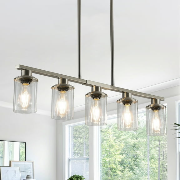 37" Brushed Nickel 5-Light Chandelier - Contemporary Kitchen Island Pendant Light with Clear Glass Shades for Dining Room, Farmhouse, or Modern Decor (No Bulbs)