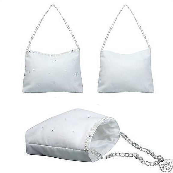 L12 White Purse Handbag w/Pearls and chain for Communion Bridal Flower Formal