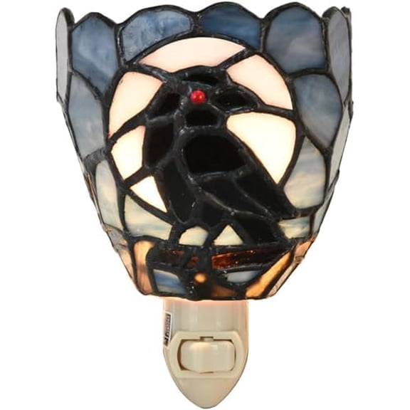 L12022 Tiffany Style Stained Glass Raven Plug-in Night Light Gothic Crow and Full Moon Design Bedside Wall Lamp$$Tools & Hardware Other
