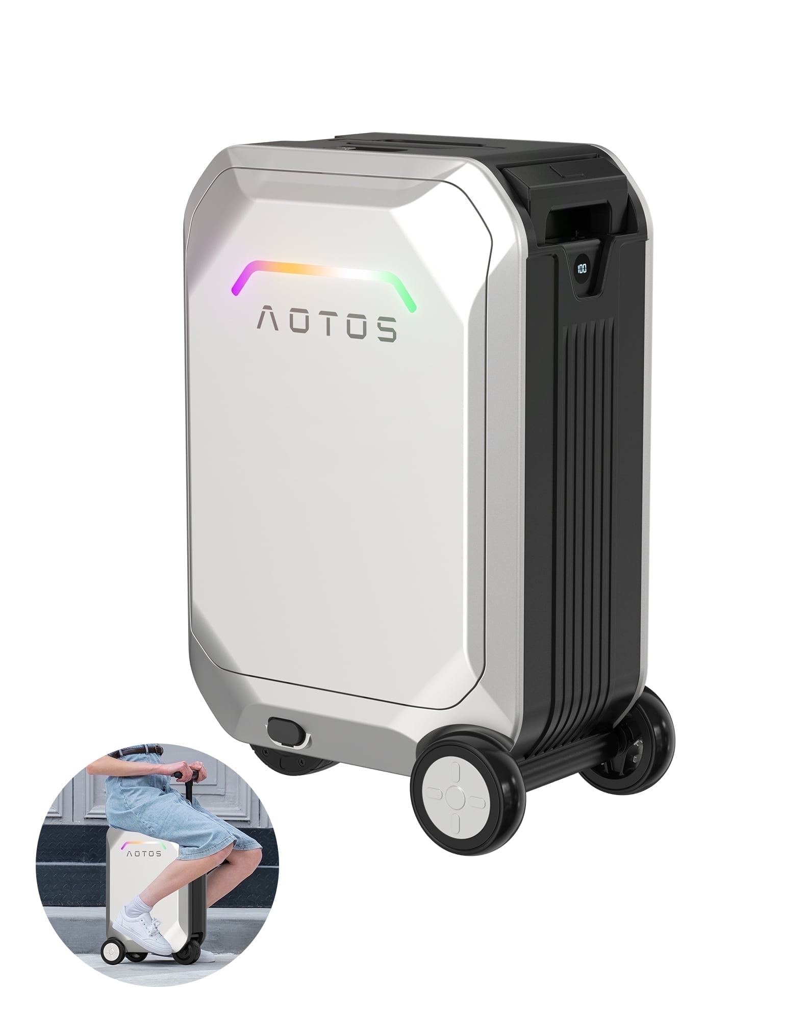 AOTOS Smart Rideable Carry-On Luggage, 22 Inch TSA-Approved Hardshell Cabin Suitcase, Zipperless Design with Rolling Wheels & App Control for Travel, Silver