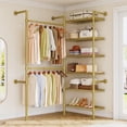 thumbnail image 1 of Rogalis L2 Wall Mounted Closet System, Industrial Pipe Clothing Rack Clothes Racks with 2 Telescopic Rod & 6 Shelves, Heavy Duty Closet Organizers System in Wardrobe Closet, Gold, 1 of 8
