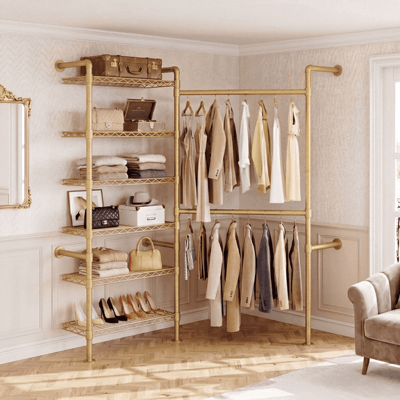 ROGALIS L2 Wall Mounted Closet System, Industrial Pipe Clothing Rack Clothes Racks with 2 Telescopic Rod & 6 Shelves, Heavy Duty Closet Organizers System in Wardrobe Closet, Gold