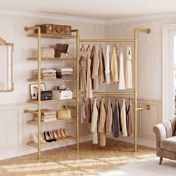 Rogalis L2 Wall Mounted Closet System, Industrial Pipe Clothing Rack Clothes Racks with 2 Telescopic Rod & 6 Shelves, Heavy Duty Closet Organizers System in Wardrobe Closet, Gold