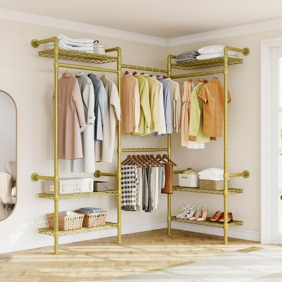 L3 Industrial Pipe Closet Organizer System, Wall Mounted Clothes Rack Clothing Racks with 4 Telescopic Rods & 6 Shelves , Heavy Duty Closet System in Wardrobe Closet (Gold)