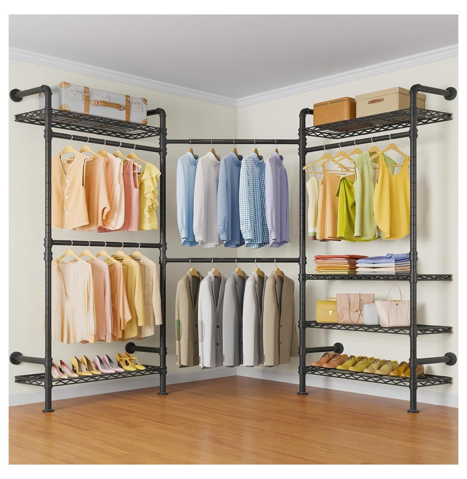 Black Industrial Pipe Wall-Mounted L-Shaped Closet System