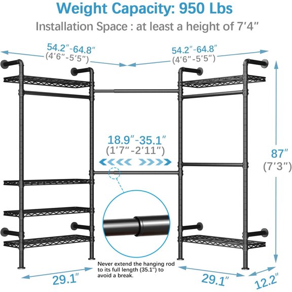 L3 L Shape Garment Rack Heavy Duty Clothes Rack for Hanging Clothes, Expandable Industrial Pipe Wall Mounted Clothing Rack, Adjustable Corner Closet Wardrobe Closet Kit Closet Systems, Black