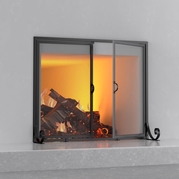 L35xW28 inch Fireplace Screen With Hinged Doors, Powder Coated Steel, Mesh
