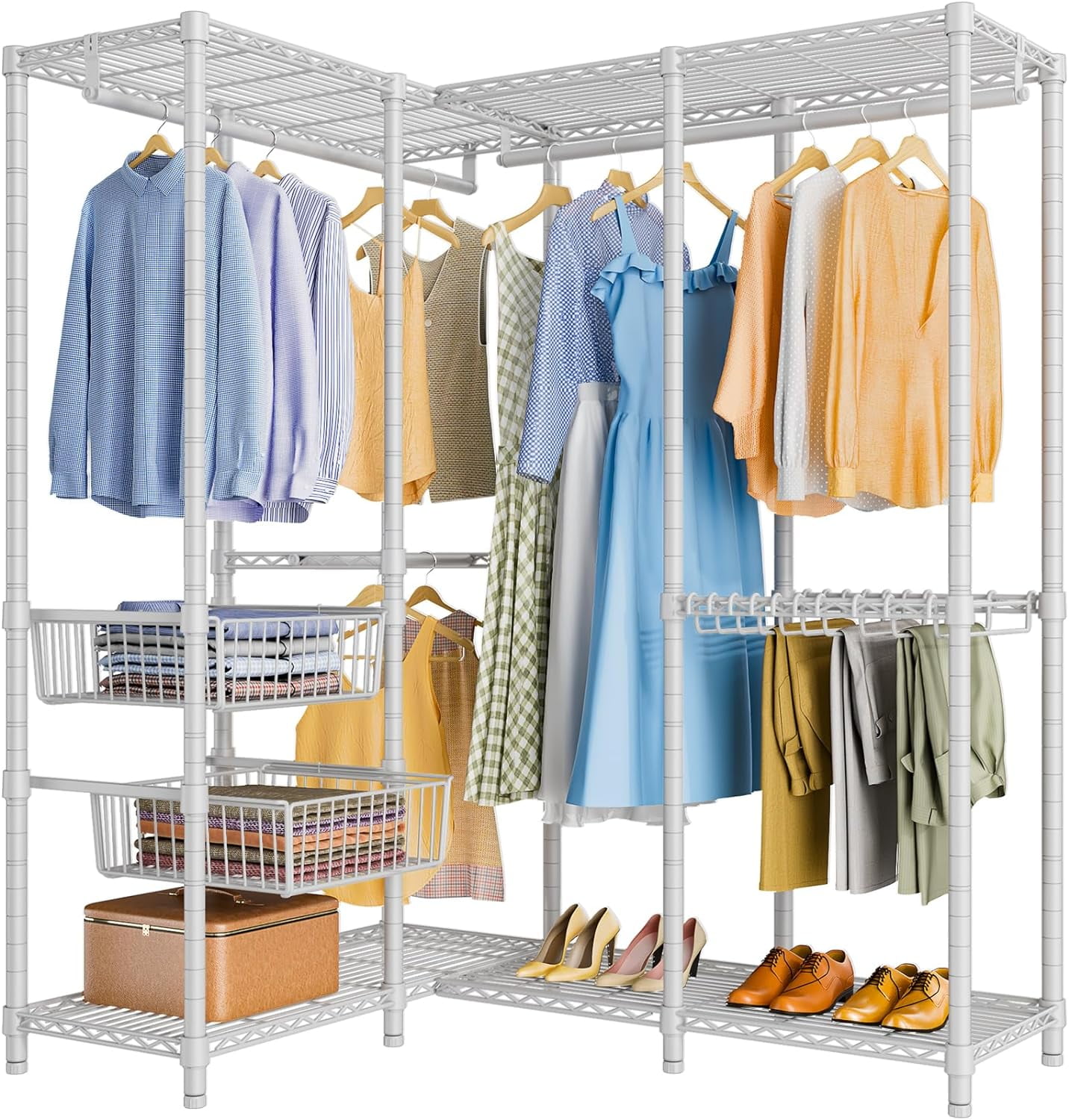 L40 L Shape Garment Rack Corner Clothes Rack For Hanging Clothes, Heavy