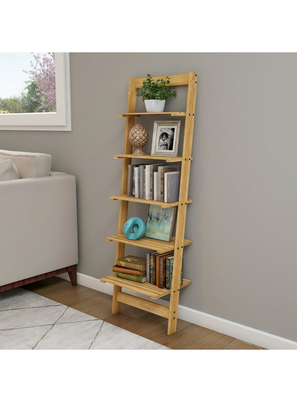 L5-Tier Ladder Shelf – Leaning Book Case – Bookshelf for Bedroom, Living Room, or Kitchen Shelving – Home Décor by Lavish Home (Oak)