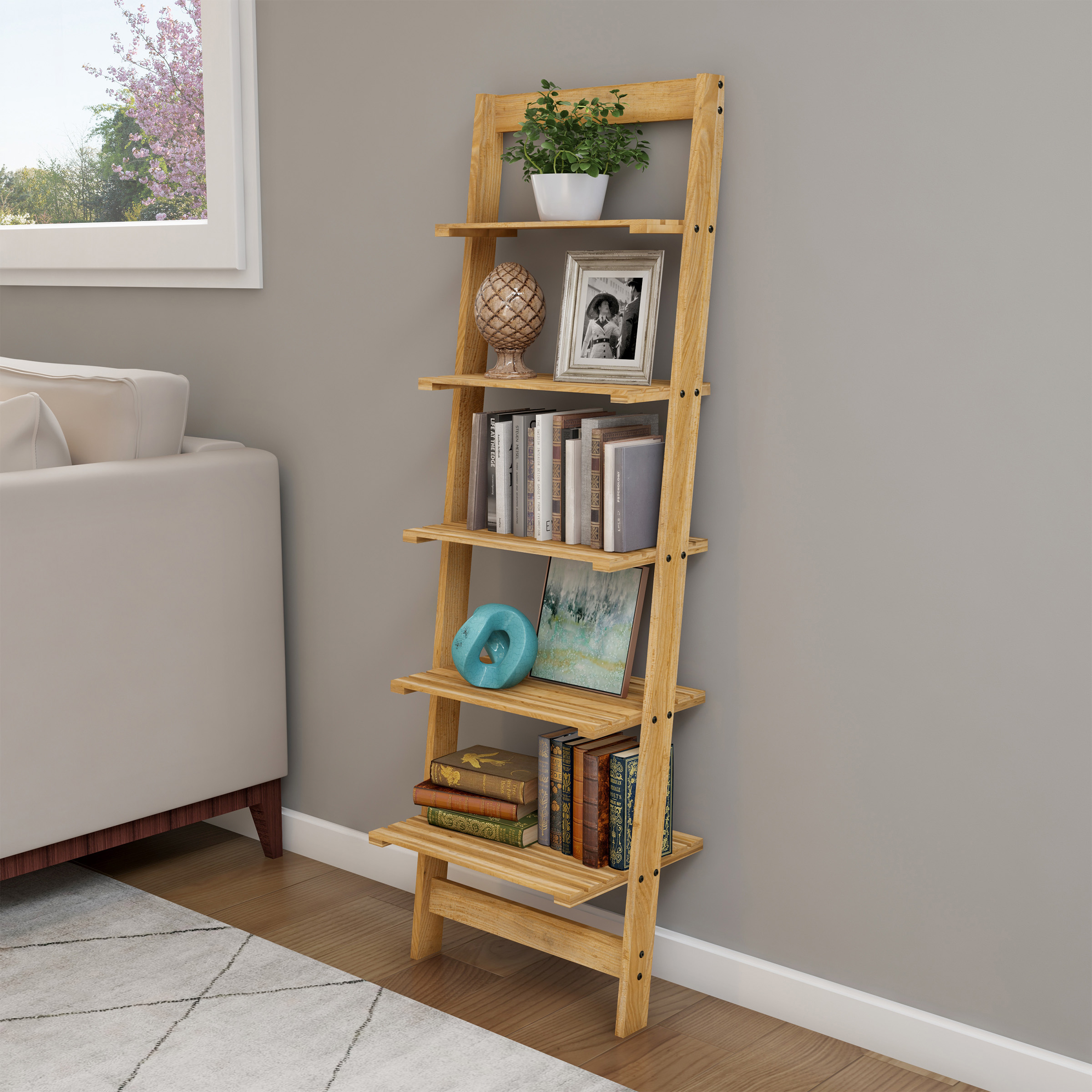 Lavish Home 5 Tier Wooden Storage Bookcase Leaning Ladder Shelf For Lavish Home 5 Tier Wooden Storage Bookcase Leaning Ladder Shelf For