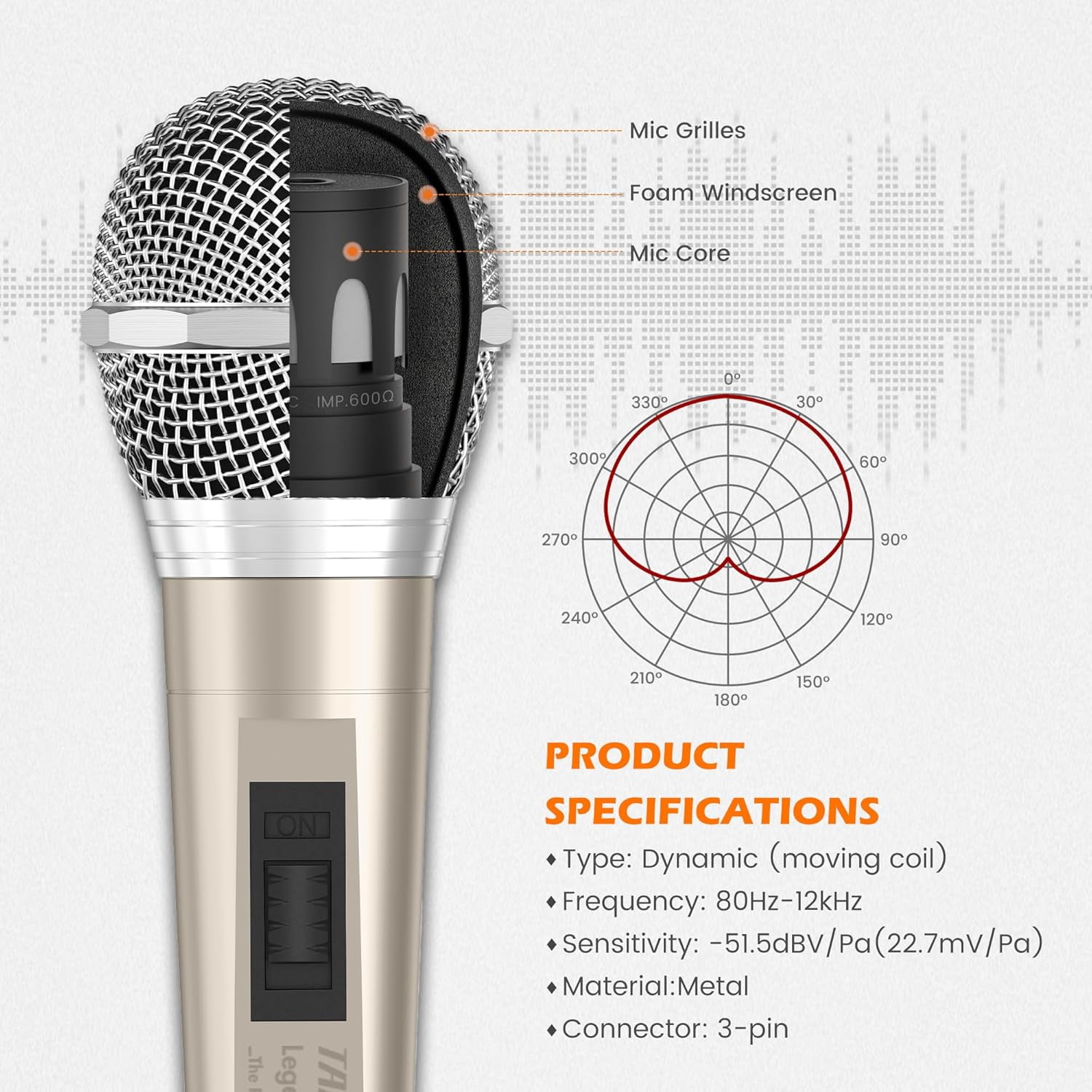 L52 Gold Wired Microphone for Singing, Professional Dynamic Vocal Mic with Cardioid Pattern, Metal Build & Dual XLR Cables for Studio Podcast Karaoke