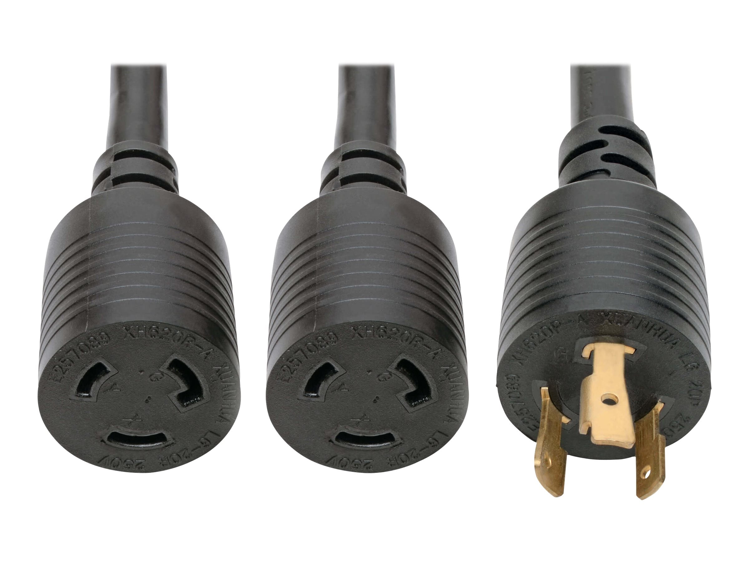 L6-20P to 2x L6-20R Y Splitter, Heavy Duty - 20A, 250V, 10 AWG, 1 ft., Black