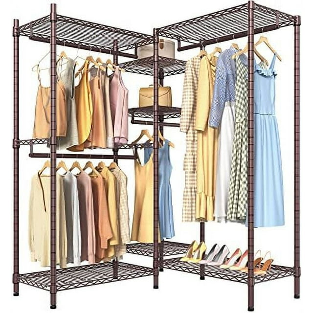 L6 L Shaped Heavy Duty Clothing Rack for Corner 5Tier Wire Garment