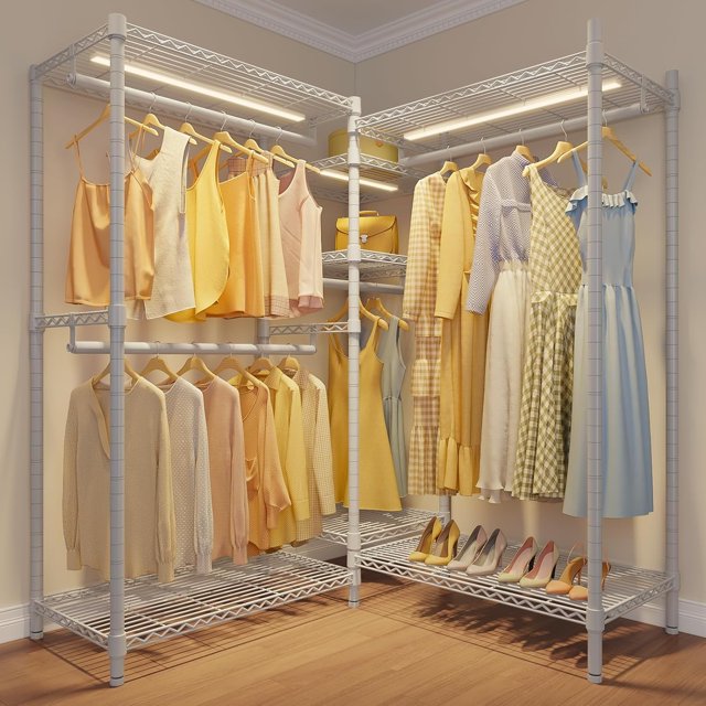 L6 L Shaped Heavy Duty Clothing Rack for Corner 5Tier Wire Garment
