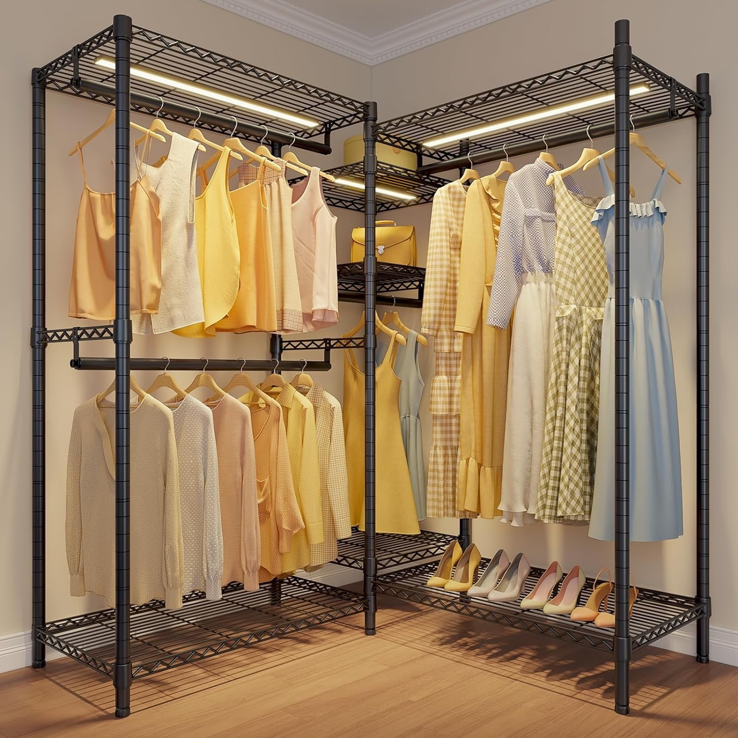 L6 L Shaped Heavy Duty Clothing Rack for Corner 5Tier Wire Garment