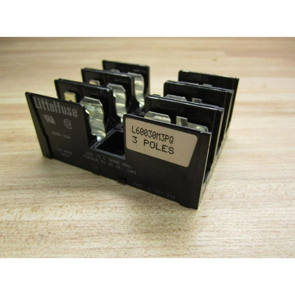 L60030M3PQ Fuse Block, 3 Pole, 30 Amps, 600V, Pressure Plate Terminal, Midget Fuse Block, Used with FLM, FLQ, KLK Fuses