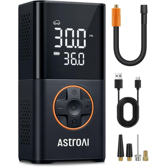 AstroAI L7 Tire Inflator Portable Air Compressor Cordless Mini Bike Pump with Digital Dual Values Display,150 PSI Car Tires Air Pump with LED Lights&Pressure Gauge for Auto, Motorcycles, Bikes, Balls