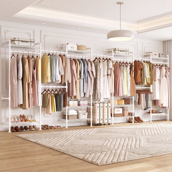 L7 Wall Heavy‑Duty Modular Garment Clothing Rack, Mounted Industrial Pipe Corner Closet System with 9 Hanging Rods, 10 Adjustable Shelves, Large Closet Organizer for Walk‑in Closet, Bedroom, White