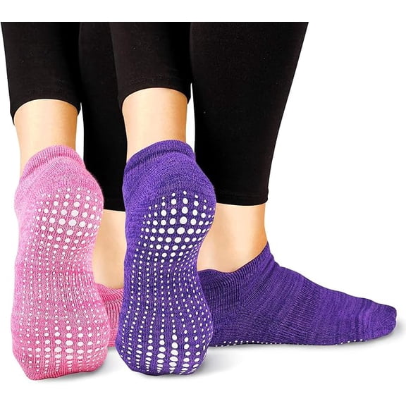 LA ACTIVE Grip Socks - 3 Pairs - Yoga Pilates Barre Ballet Non Slip Crew Hospital 2 Pair Medium Pink & Purple-2 Pack