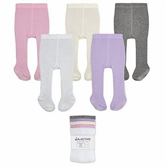 LA Active Baby Girls Tights - Cozy Warm Cotton Cable Knit Winter Tights - Non-Skid Grip - Toddler Infant Newborn Kids 6-12 Months Pink / White / Ivory / Lavender / Grey - Regular - 5 Pairs