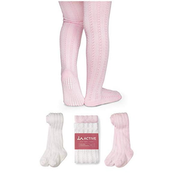 LA Active Baby Tights - 2 Pairs - Non Skid/Slip Cable Knit (White & Pink, 0-3 Months)