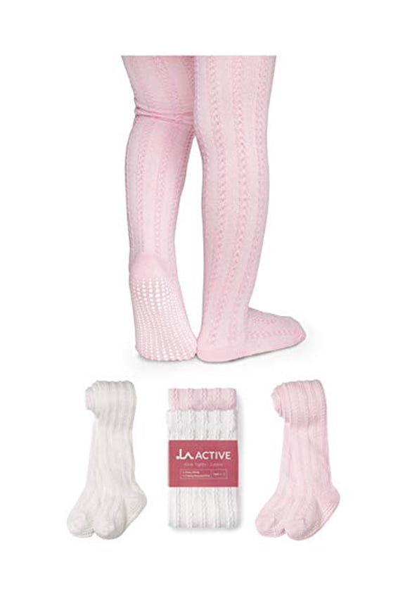 Baby Tights - 2 Pairs - Non Skid/Slip Cable Knit (White & Pink, 0-3 Months)