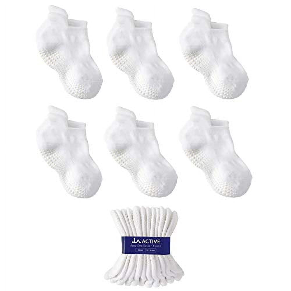 LA Active Baby Toddler Grip Ankle Socks - 6 Pairs - Non Slip/Skid Covered (White, 0-3 Months)