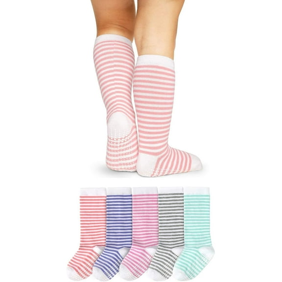LA Active Knee High Grip Socks - 5 Pairs - Baby Toddler Non Slip/Skid Cotton (Girls Stripes, 4-6 Years)