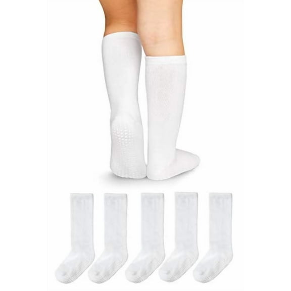 LA Active Knee High Grip Socks - 5 Pairs - Baby Toddler Non Slip/Skid Cotton (White, 4-6 Years)