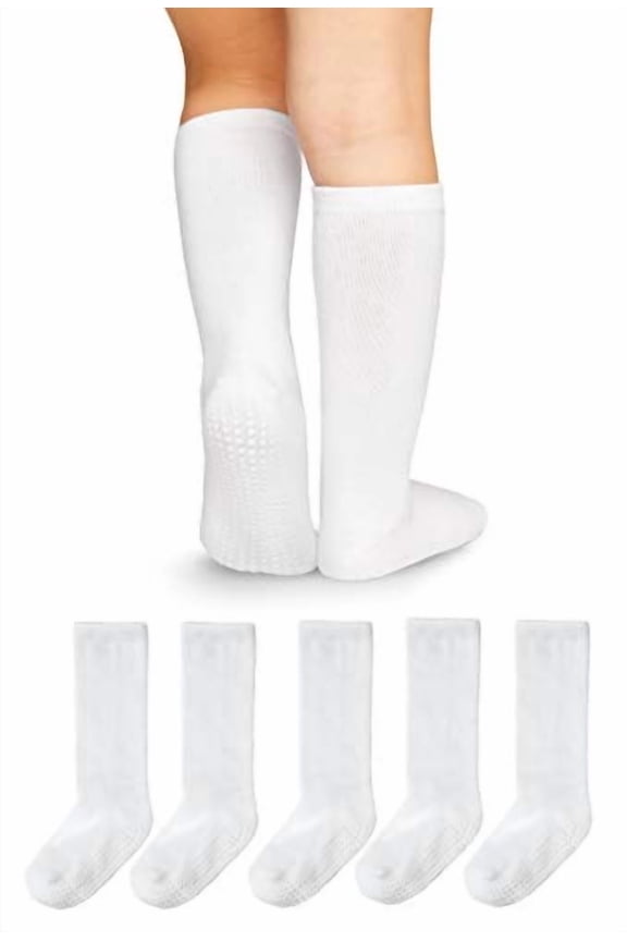 Knee High Grip Socks - 5 Pairs - Baby Toddler Non Slip/Skid Cotton (White, 4-6 Years)