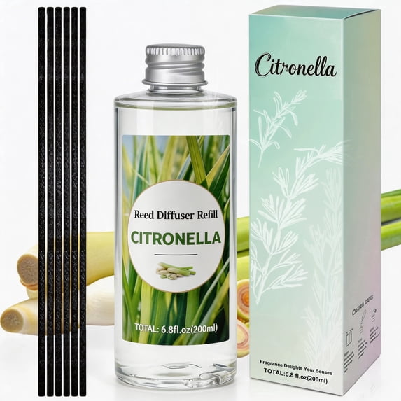 LA BELLEFÉE Reed Diffuser Refill 200ml, Long Lasting Citronella Lemongrass Fragrance with 6 Sticks, Fresh Scent Home Air Freshener for Everyday Use