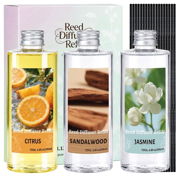 LA BELLEFÉE Reed Diffuser Refill, Jasmine Citrus & Sandalwood Scents, 20.28oz/600ml with 18 Reed Sticks, Long-Lasting Home Fragrance Oil 3-Pack
